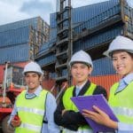 38545708 – team of young logistic business people meeting in logistic port.